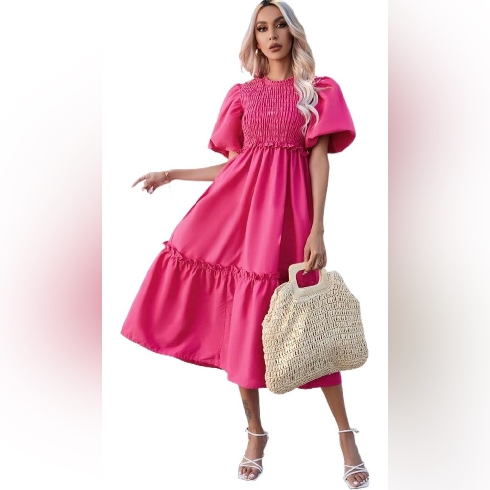 Hot Pink Puffed Sleeve Dress